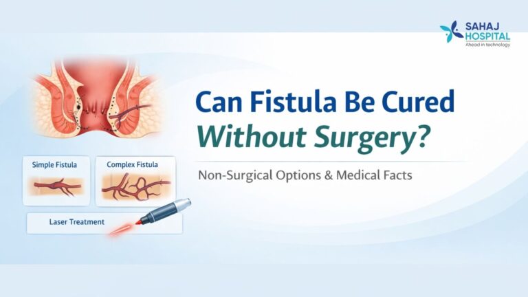 Minimal medical banner illustrating anal fistula with the text “Can Fistula Be Cured Without Surgery?” and visual reference to non-surgical and laser treatment options.
